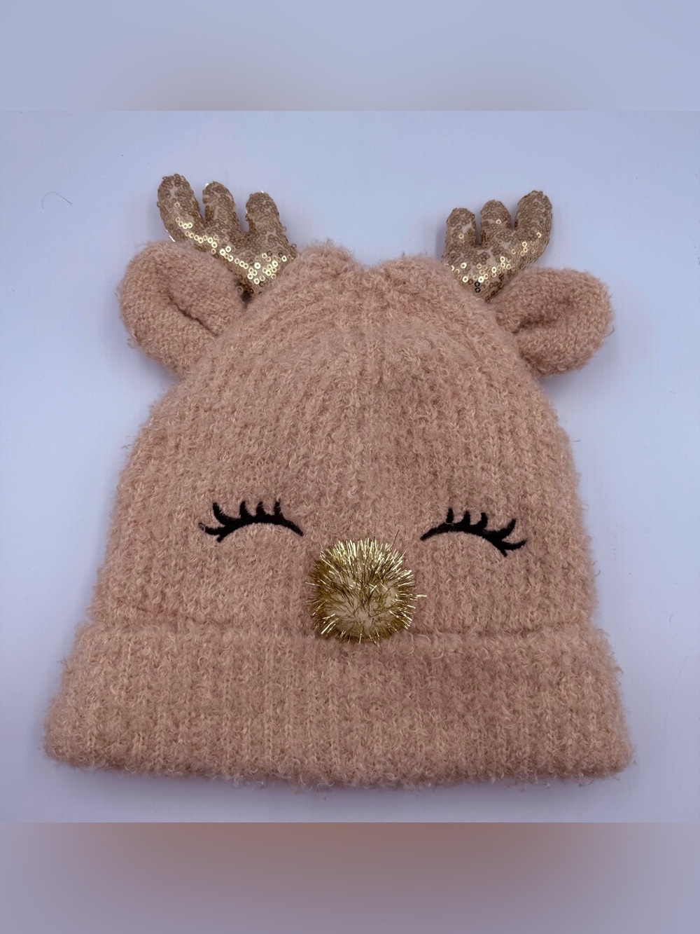 Tan And Gold Dimensional Knit Reindeer Beanie Hat